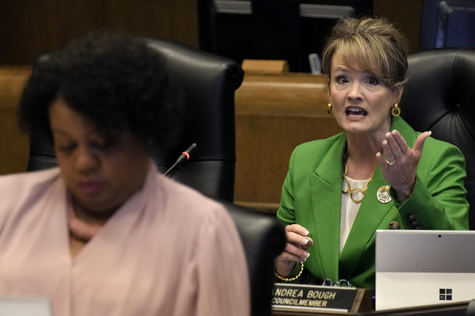 Councilmember Andrea Bough speaks in favor of a resolution that would make Kansas City, Mo, a sanctuary city for transgender people during a committee meeting to consider the resolution, Wednesday, May 10, 2023, in Kansas City, Mo. The move comes in the wake of Missouri legislators voting to ban gender-affirming care and trans athletes. (AP Photo/Charlie Riedel)