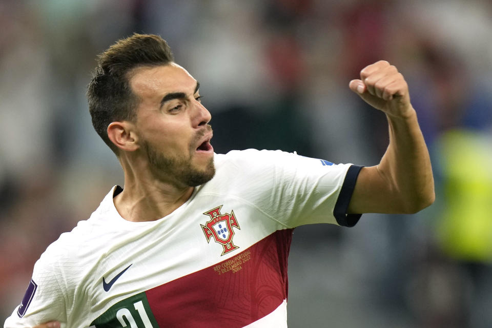 Portugal's Ricardo Horta celebrates scoring his side's first goal during the World Cup group H soccer match between South Korea and Portugal, at the Education City Stadium in Al Rayyan , Qatar, Friday, Dec. 2, 2022. (AP Photo/Francisco Seco)