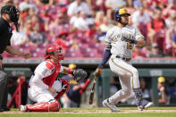 Milwaukee Brewers' Blake Perkins (16) watches his RBI-single in the second inning of a baseball game against the Cincinnati Reds in Cincinnati, Saturday, June 3, 2023. (AP Photo/Jeff Dean)