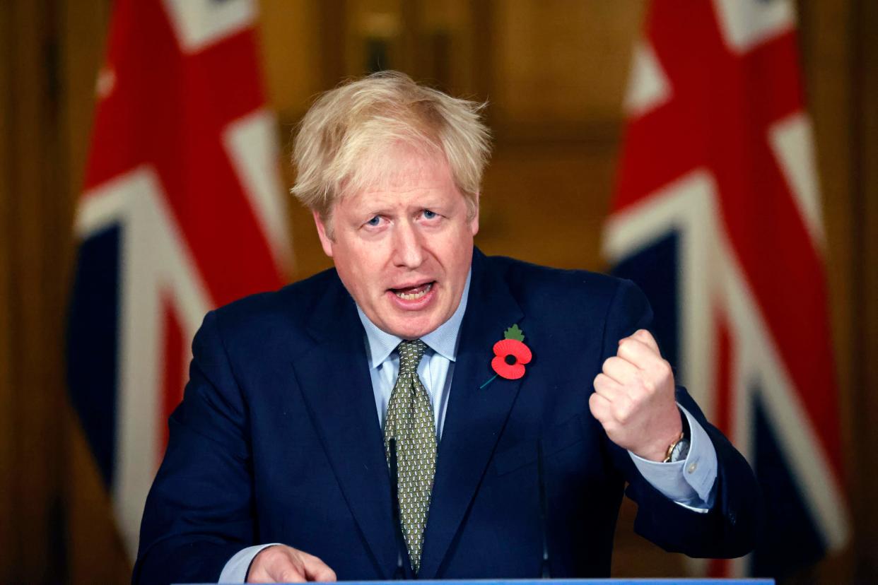 Britain's Prime Minister Boris Johnson speaks during a virtual press conference on the coronavirus pandemic in the UK inside 10 Downing Street in central London on November 9, 2020. (Photo by Tolga Akmen / POOL / AFP) (Photo by TOLGA AKMEN/POOL/AFP via Getty Images)