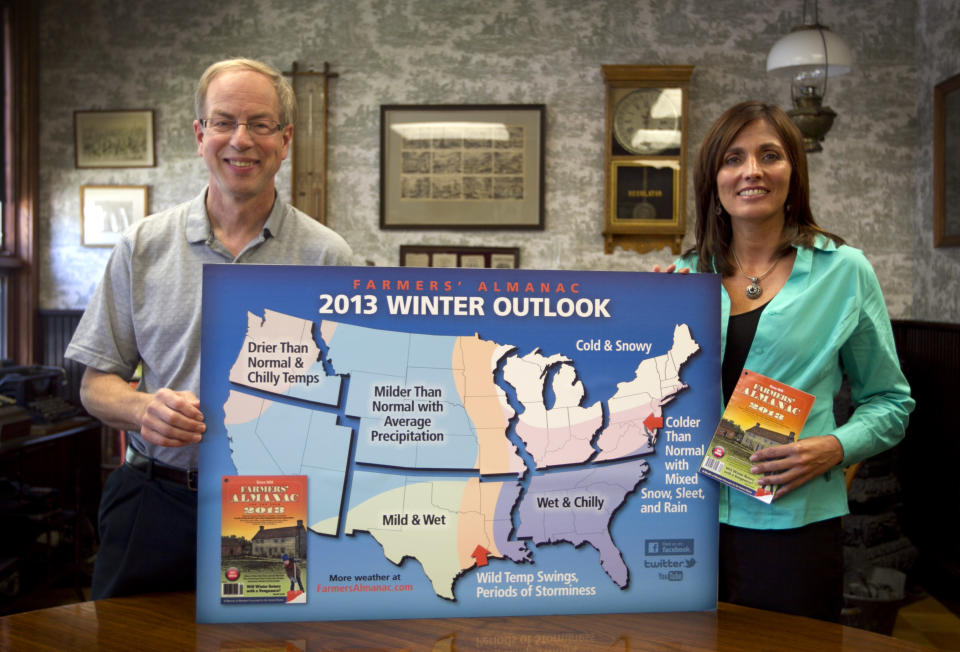 In this photo made Thursday, Aug. 23, 2012, Farmers' Almanac publisher Peter Geiger, left, and editor Sondra Duncan pose in Lewiston, Maine, with a map showing the predicted weather forecast for the United States. In an election year, the almanac dubs its forecast "a nation divided" because there's a dividing line where winter returns for much of the east, with milder weather west of the Great Lakes. (AP Photo/Robert F. Bukaty)