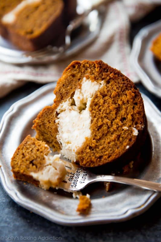 <p>Sally's Baking Addiction</p><p>Pumpkin cream cheese Bundt cake is everything you love about pumpkin cake with a decadent cream cheese layer hiding inside. Simple to prepare and perfectly spiced, this fall cake always impresses a crowd. Both layers are simply irresistible! </p><p><strong>Get the recipe: <em><a href="https://sallysbakingaddiction.com/pumpkin-cream-cheese-bundt-cake/" rel="nofollow noopener" target="_blank" data-ylk="slk:Pumpkin Cream Cheese Bundt Cake;elm:context_link;itc:0;sec:content-canvas" class="link rapid-noclick-resp">Pumpkin Cream Cheese Bundt Cake</a></em></strong></p>