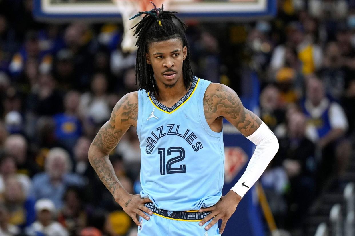 SAN FRANCISCO, CALIFORNIA - MAY 07: Ja Morant #12 of the Memphis Grizzlies looks on against the Golden State Warriors in the second half of Game Three of the Western Conference Semifinals of the NBA Playoffs at Chase Center on May 07, 2022 in San Francisco, California. NOTE TO USER: User expressly acknowledges and agrees that, by downloading and or using this photograph, User is consenting to the terms and conditions of the Getty Images License Agreement. (Photo by Thearon W. Henderson/Getty Images)