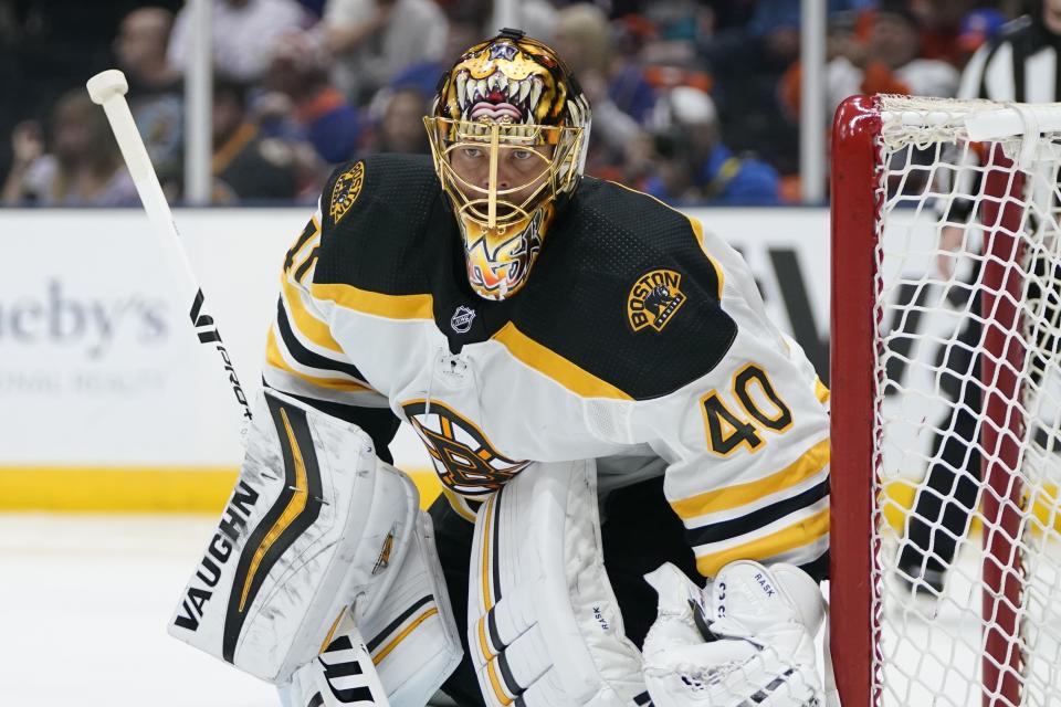 FILE - Boston Bruins goaltender Tuukka Rask (40) plays during the second period of Game 4 during an NHL hockey second-round playoff series against the New York Islanders Saturday, June 5, 2021, in Uniondale, N.Y. Rask is getting closer to a return to action with the Bruins after signing a professional tryout agreement with AHL Providence. Rask is currently a free agent but has spent 14 seasons with the Bruins and is the franchise’s leader in wins. (AP Photo/Frank Franklin II, File)