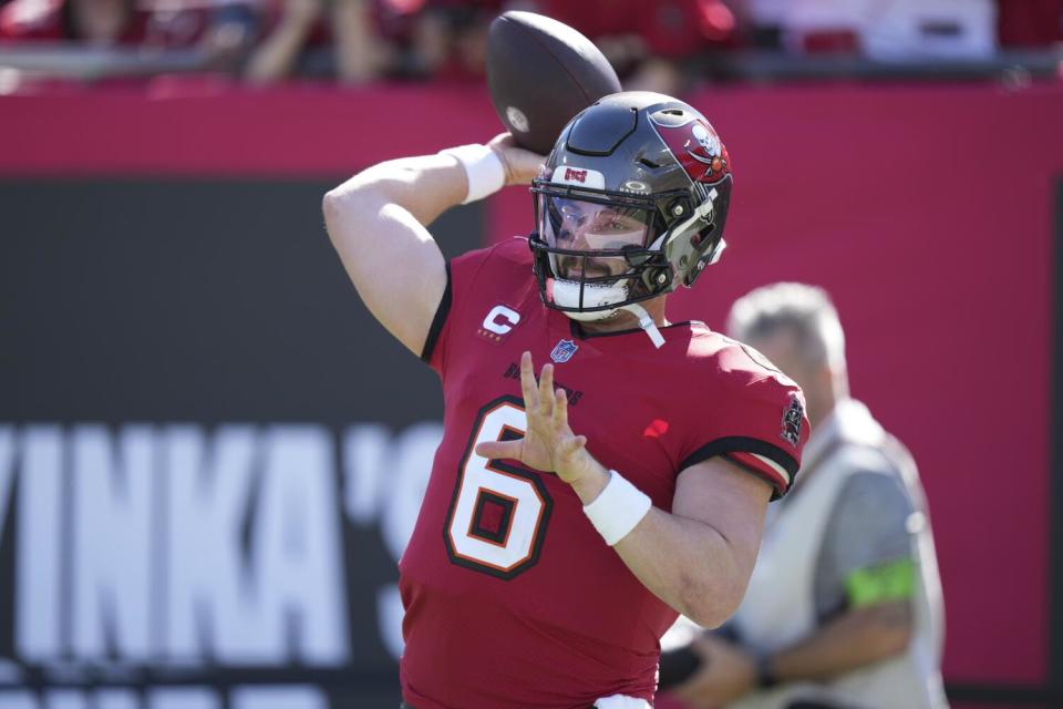 Tampa Bay Buccaneers quarterback Baker Mayfield (6) warms up before a game against the New Orleans Saints.