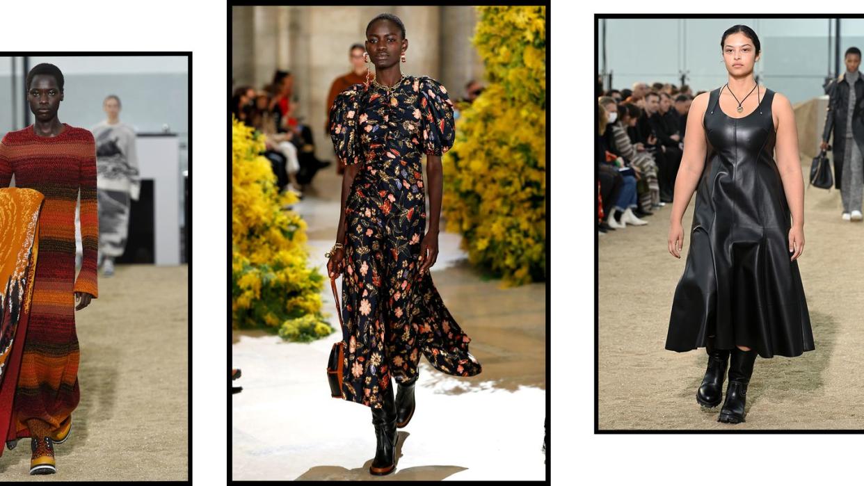 three women from the fall runways to illustrate a roundup of the best fall dresses – fall dresses for women 2022