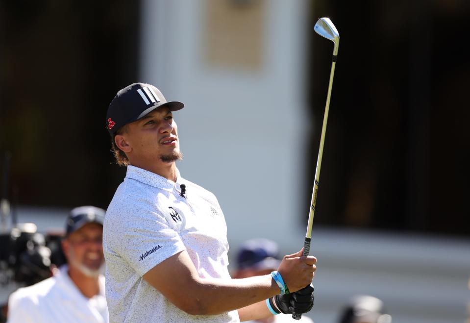 Patrick Mahomes plays a shot during Capital One's The Match VI - Brady & Rodgers v Allen & Mahomes at Wynn Golf Club on June 01, 2022 in Las Vegas, Nevada.