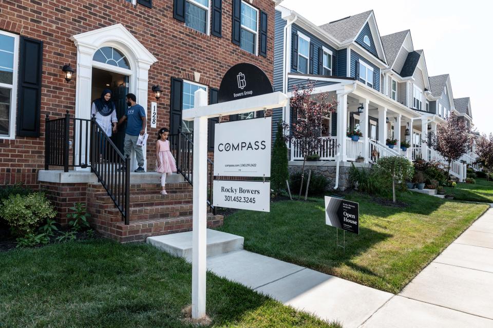 Prospective home buyers leave a property for sale during an Open House in a neighborhood in Clarksburg, Maryland on September 3, 2023. Homeownership feels increasingly out of reach for younger generations of Americans, who are squeezed by student debt and childcare costs in an era of slower economic growth. (Photo by ROBERTO SCHMIDT / AFP) (Photo by ROBERTO SCHMIDT/AFP via Getty Images)