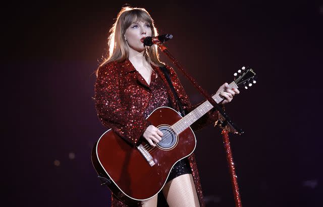 <p>Kevin Winter/Getty Images for TAS Rights Management</p> Taylor Swift performing on the Eras Tour at State Farm Stadium in Glendale, Arizona on March 17, 2023