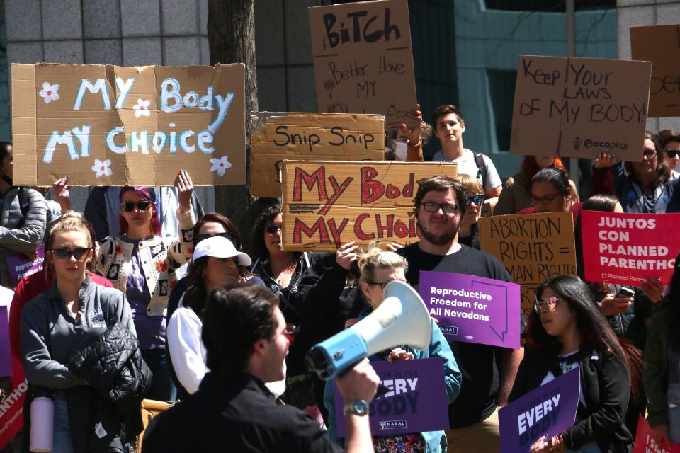 People rally for abortion rights on May 3 outside the Bruce R. Thompson Courthouse in Reno, Nevada.