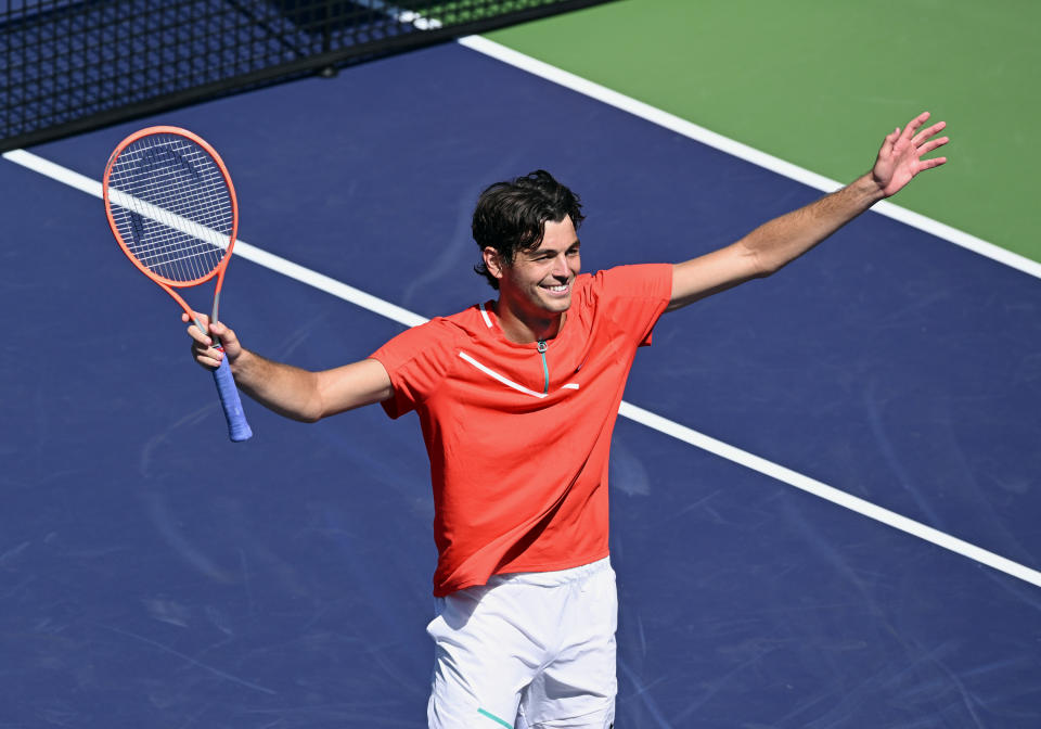 Taylor Fritz, pictured here celebrating after defeating Alex de Minaur at Indian Wells.