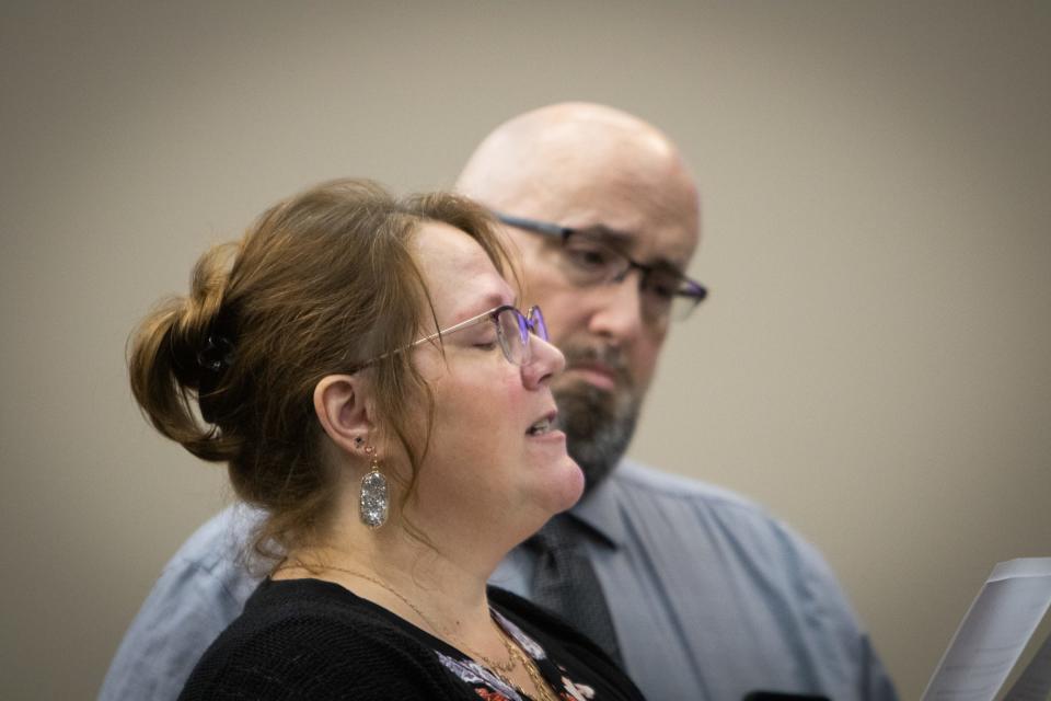 With husband Greg at her side, Michelle Williams talks about her relationship  with the late Kaylee Brock, 26, of Holt, Wednesday, Nov. 2, 2022, during Delta township resident Kiernan Brown's sentencing hearing for the brutal 2019 murders of Brock, and Julie Mooney, 32, of Williamston. About a dozen friends and family members of the victims gave victim impact statements before sentencing.