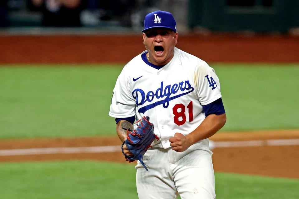 Oct 27, 2020; Arlington, Texas, USA;  Los Angeles Dodgers starting pitcher Victor Gonzalez (81) reacts after a strike out during the sixth inning against the Tampa Bay Rays during game six of the 2020 World Series at Globe Life Field. Mandatory Credit: Tim Heitman-USA TODAY Sports