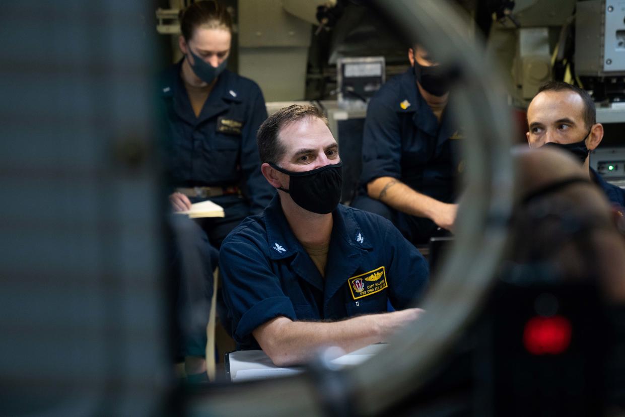 Capt. Kurt Balagna, commanding officer of the Gold crew of the Ohio-class guided-missile submarine USS Ohio (SSGN 726), addresses the wardroom during an operations brief on Jan. 21, 2021. Balagna was removed from command on March 8.