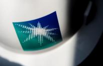 A helmet with logo of Saudi Aramco is pictured at the oil facility in Abqaiq