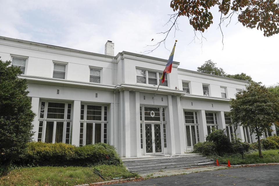 This Sept. 17, 2019, photo shows the main entrance to the Venezuelan Ambassador's residence in Washington. U.S. officials are investigating the possible looting from Venezuela of valuable European and Latin American artwork they believe is being quietly plundered by government insiders as Nicolas Maduro struggles to keep his grip on power. (AP Photo/Pablo Martinez Monsivais)