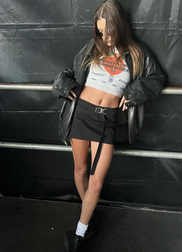 Hailey Bieber Pairs a Cropped Vintage Tee With a Nylon Miniskirt