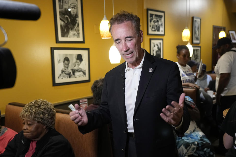 Virginia State Sen. Joe Morrissey gives an interview after conceding to former delegate Lasharese Aird Tuesday, June 20, 2023, in Petersburg, Va. The two were vying for a newly redrawn Senate district in a Democratic primary. (AP Photo/Steve Helber)