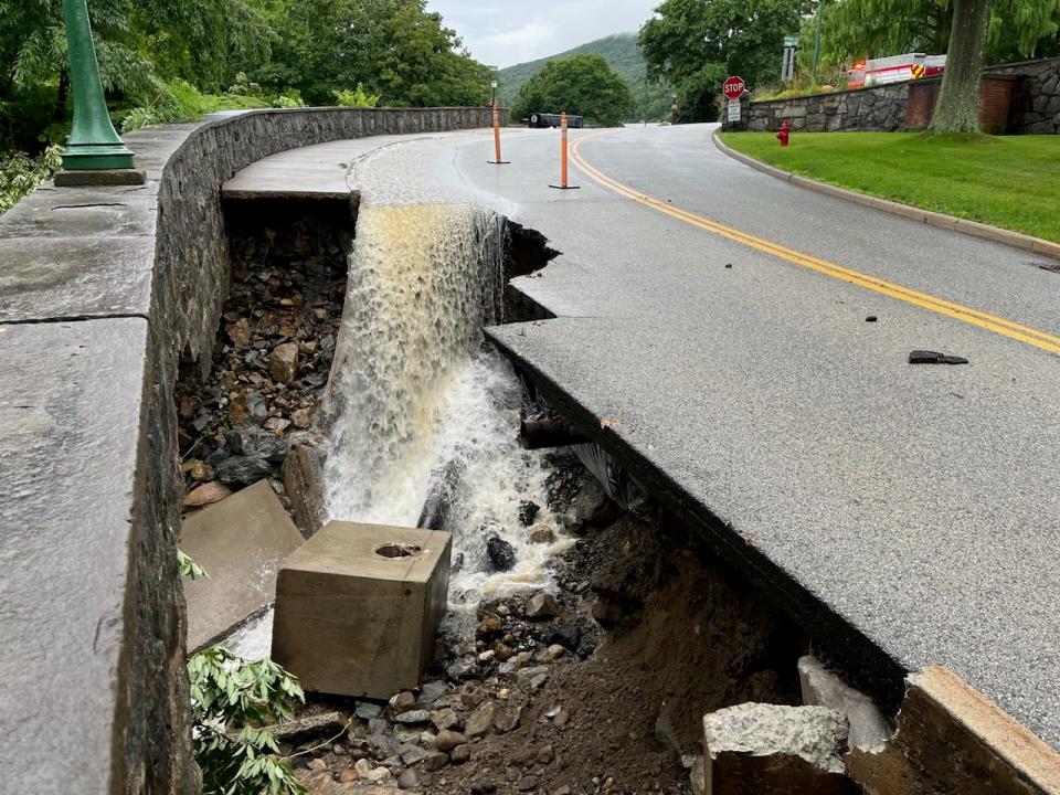 Heavy rains flood and wash out roads Sunday, July 9, 2023, at the U.S. Military Academy in West Point, New York.