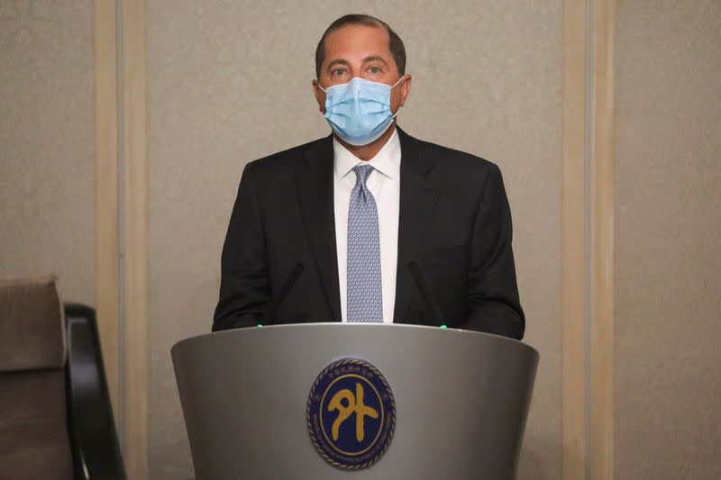 U.S. Secretary of Health and Human Services Alex Azar speaks during a news conference in Taipei