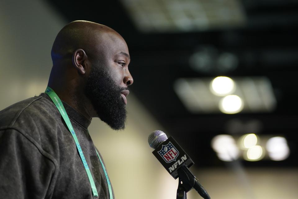 Tennessee Titans general manager Ran Carthon speaks during a news conference at the NFL football scouting combine, Tuesday, Feb. 28, 2023, in Indianapolis. (AP Photo/Darron Cummings)