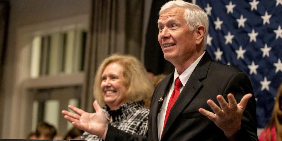 Mo Brooks speaks to supporters at his watch party for the Republican nomination for U.S. Senator of Alabama at the Huntsville Botanical Gardens, Tuesday, May 24, 2022, in Huntsville, Ala.