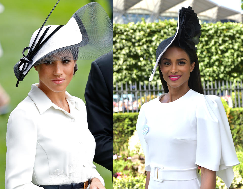 Meghan Markle (left) and Ciara (right) both wore Philip Treacy hats to Royal Ascot. (Photos: Getty Images)