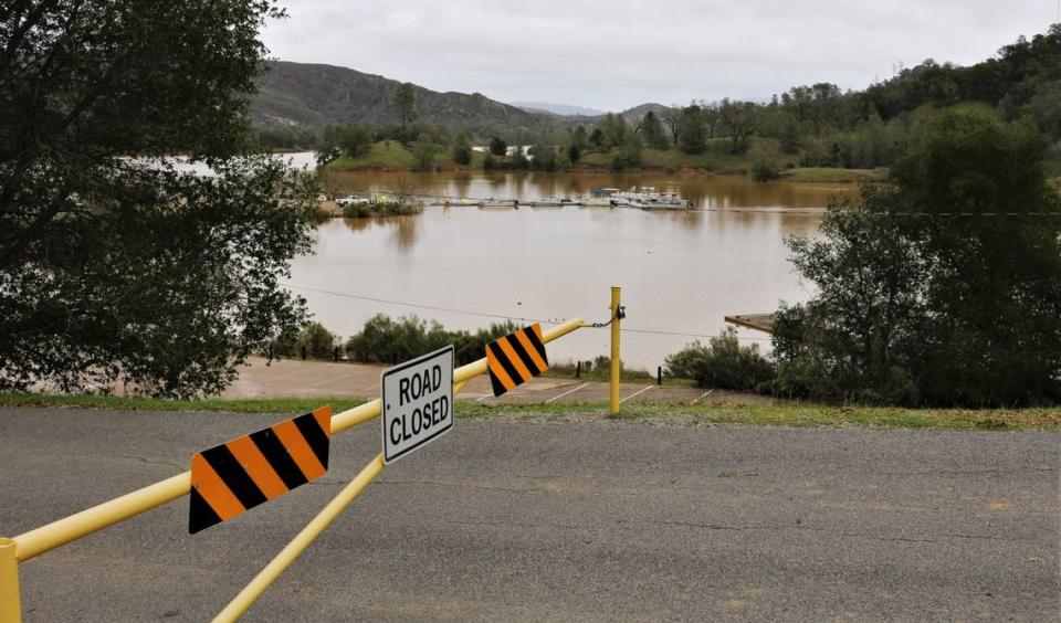 The road to the marina at Santa Margarita Lake is closed due to muddy conditions and the lake overflowing after the January storms.