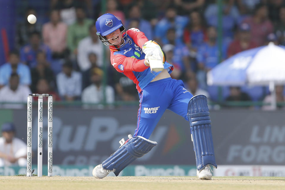 Delhi Capitals' Jake Fraser-McGurk plays a shot during the Indian Premier League cricket match between Delhi Capitals and Mumbai Indians in New Delhi, India, Saturday, April 27, 2024. (AP Photo/ Surjeet Yadav)