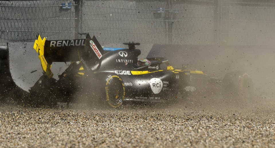 Renault driver Daniel Ricciardo of Australia crashes into the barriers during the second practice session for the Styrian Formula One Grand Prix at the Red Bull Ring racetrack in Spielberg, Austria, Friday, July 10, 2020. The Styrian F1 Grand Prix will be held on Sunday. (Leonhard Foeger/Pool via AP)