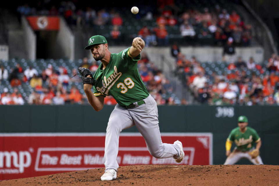 Oakland Athletics starting pitcher Kyle Muller (39) throws during the second inning of a baseball game against the Baltimore Orioles, Tuesday, April 11, 2023, in Baltimore. (AP Photo/Julia Nikhinson)