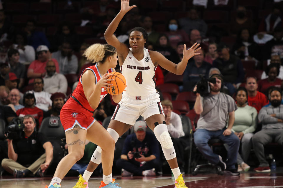 South Carolina forward Aliyah Boston defends during a women's college basketball game against Liberty on Dec. 11, 2022 at Colonial Life Arena in Columbia, South Carolina. (John Byrum/Icon Sportswire via Getty Images)