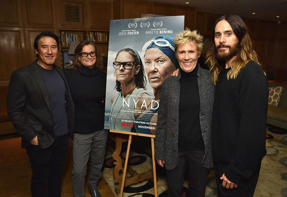 Jimmy Chin, Bonnie Stoll, Diana Nyad and Jared Leto attend Netflix's NYAD LA Tastemaker Event at San Vicente Bungalows on December 02, 2023 in West Hollywood, California.