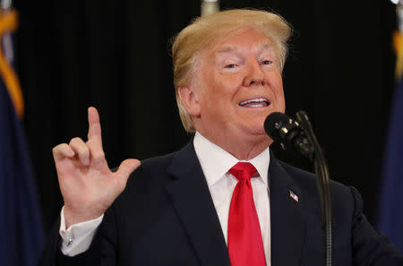 U.S. President Donald Trump speaks at swearing in ceremonies for new CIA Director Gina Haspel at the headquarters of the Central Intelligence Agency in Langley, Virginia, U.S. May 21, 2018. REUTERS/Kevin Lamarque