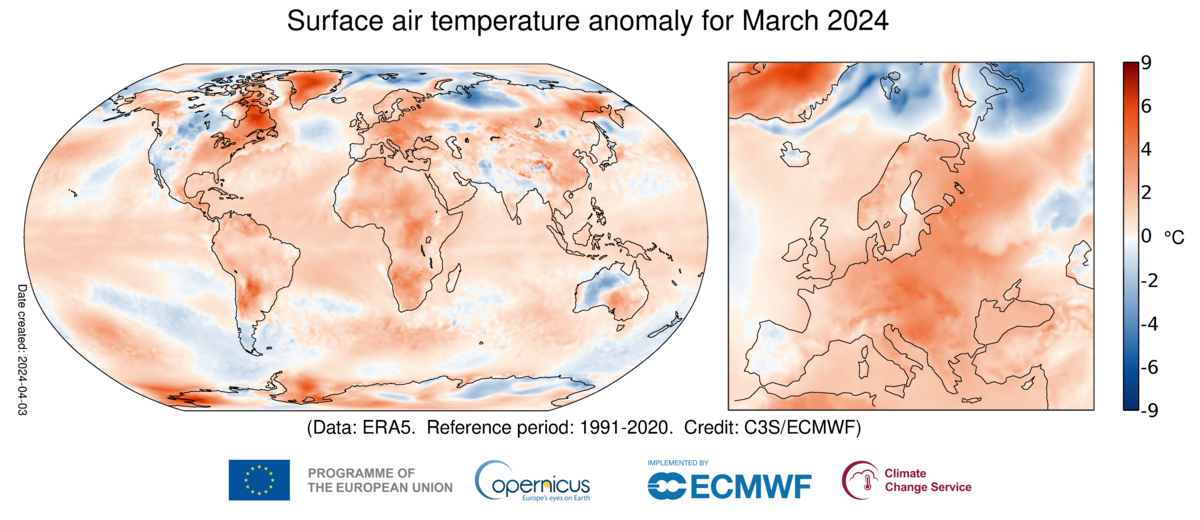 Map shows surface air temperatures globally in March (Copernicus)