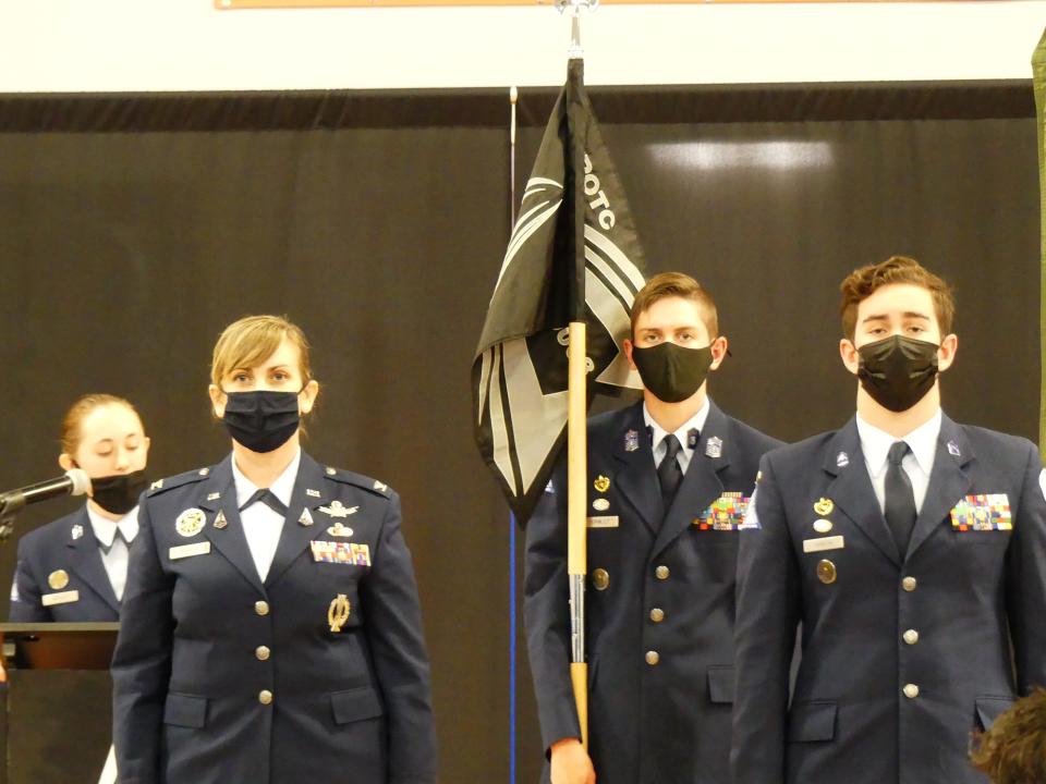 Space Force Junior ROTC cadets display the new SPJROTC guidon or flag during a ceremony Tuesday at the Academy for Academic Excellence in Apple Valley.