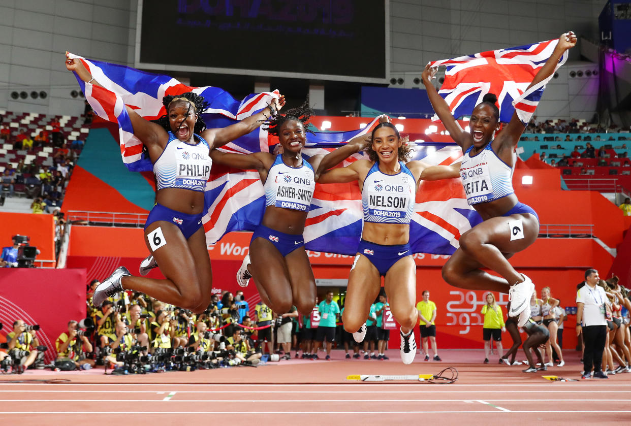 Asha Philip, Dina Asher-Smith, Ashleigh Nelson and Daryll Neita of Great Britain celebrate. (Photo by Michael Steele/Getty Images)
