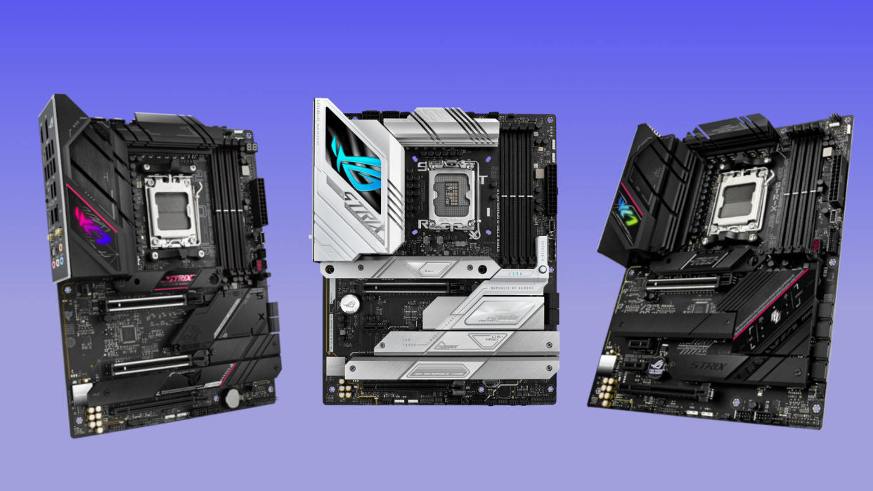  A collage of Asus motherboards, against a purple gradient background. 