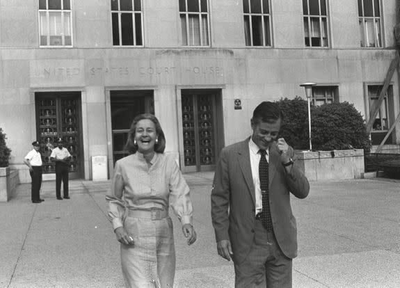 Washington Post Publisher Katharine Graham and Execuctive Editor Ben Bradlee leave U.S. District Court in Washington, happy with the ruling the the paper could publish further articles about a Pentagon report on Vietnam.