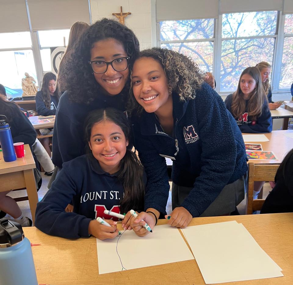 Pictured during the Paint & Sip are: Olivia Encarnacion of Plainfield (left, standing) with Amelia Benjamin of Maplewood (right, standing) and Hillary Machuca of Warren (seated).