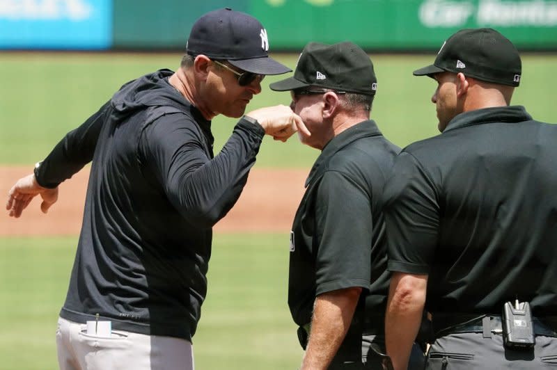 New York Yankees manager Aaron Boone (L) led the American League in ejections over the last three seasons. File Photo by Bill Greenblatt/UPI