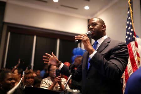 Aug 28, 2018; Tallahassee, FL, USA; Democratic gubernatorial nominee Andrew Gillum celebrates his victory with supporters during his election watch party at Hotel Duval. Mandatory Credit: Joe Rondone/Tallahassee Democrat via USA TODAY NETWORK