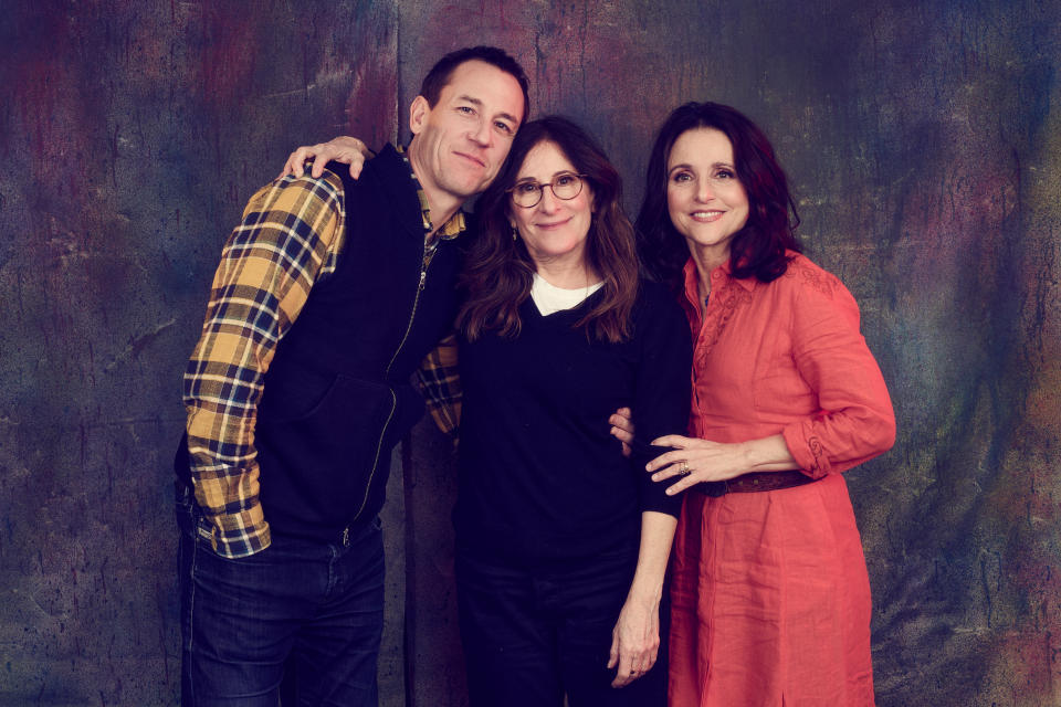 Tobias Menzies, Nicole Holofcener and Julia Louis Dreyfus of ‘You Hurt My Feelings’ at the Deadline Studio during the 2023 Sundance Film Festival at the Hotel Park City on January 22, 2023 in Park City, Utah.