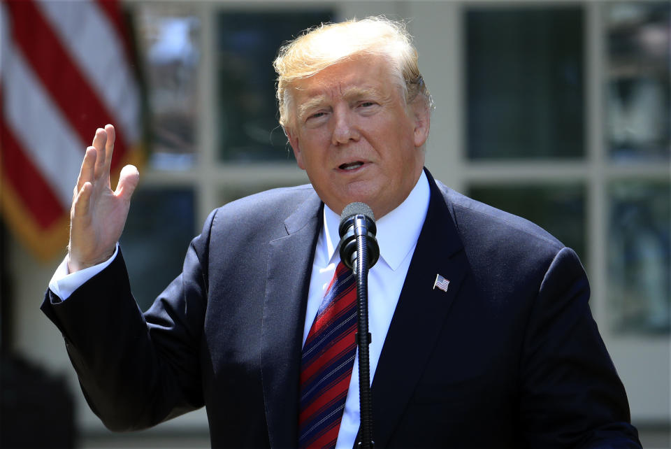 FILE - In this May 16, 2019, file photo, President Donald Trump speaks in the Rose Garden of the White House in Washington. A judge is poised to hear oral arguments Wednesday, May 22, 2019, over Trump's effort to block congressional subpoenas seeking financial records from two banks. The hearing occurs after congressional Democrats sought the information from Deutsche Bank and Capital One. (AP Photo/Manuel Balce Ceneta, File)