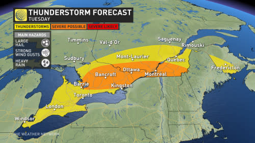 southern Ontario Quebec Tuesday thunderstorm risk map May 21 2024