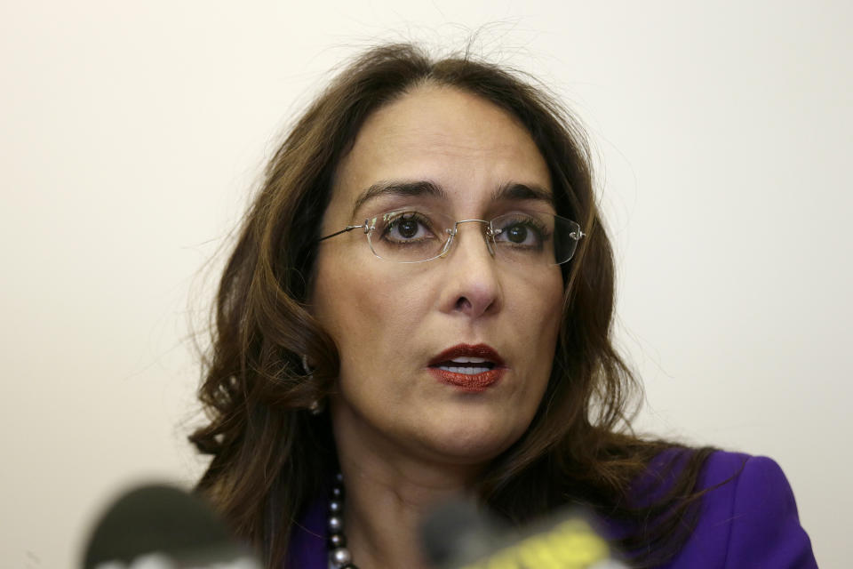 FILE - Attorney Harmeet Dhillon speaks during a news conference in San Francisco, April 24, 2017. The race for RNC chair will be decided on Friday by secret ballot as Republican officials from all 50 states gather in Southern California. Current RNC Chair Ronna McDaniel is fighting for reelection against Dhillon, one of former President Donald Trump’s attorneys. (AP Photo/Eric Risberg, File)