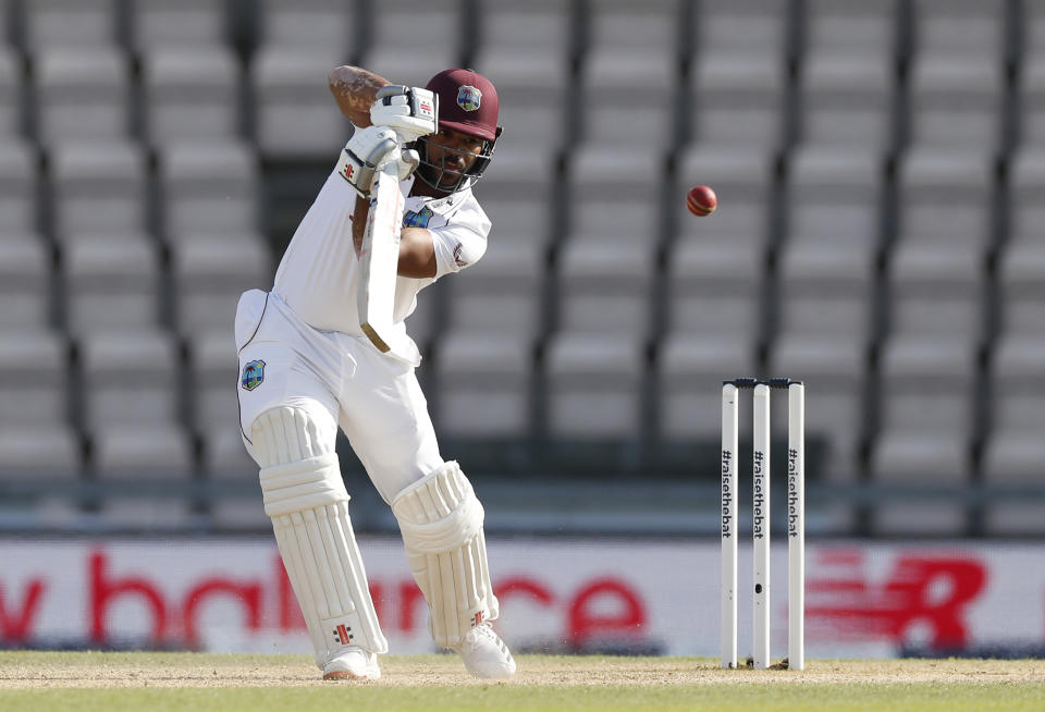 West Indies' John Campbell bats during the fifth day of the first cricket Test match between England and West Indies, at the Ageas Bowl in Southampton, England, Sunday, July 12, 2020. (Adrian Dennis/Pool via AP)