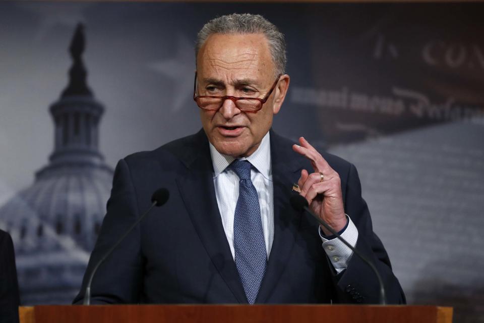 Senate Minority Leader Chuck Schumer, D-N.Y., talks to reporters about the impeachment trial of President Donald Trump on charges of abuse of power and obstruction of Congress, at the Capitol in Washington, Thursday, Jan. 16, 2020. (AP Photo/Julio Cortez)