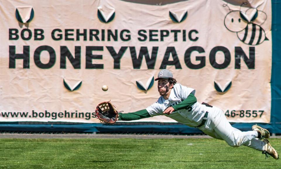 Spackenkill's Andrew Speranza catches the ball in the outfield during the Section 9 Class B baseball championship game at Cantine Field in Saugerties, NY on Sunday, May 29, 2022. Spackenkill defeated Marlboro for the title. KELLY MARSH/FOR THE TIMES HERALD-RECORD