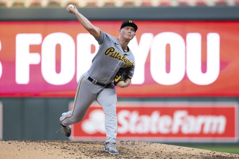 Pittsburgh Pirates starting pitcher Mitch Keller delivers a pitch to a Minnesota Twins batter during the fifth inning of a baseball game Saturday, Aug. 19, 2023, in Minneapolis. (AP Photo/Bailey Hillesheim)